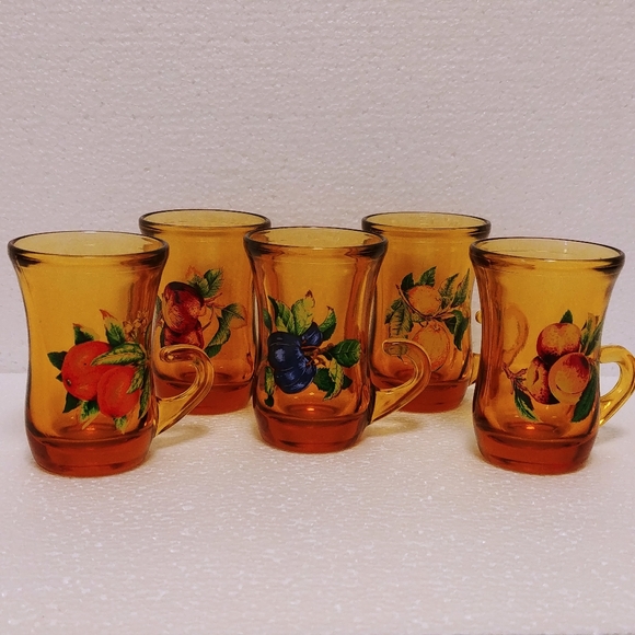 1960's Amber Glass Hooked Handle Juice Tea Cups Fruit Print - Picture 3 of 4